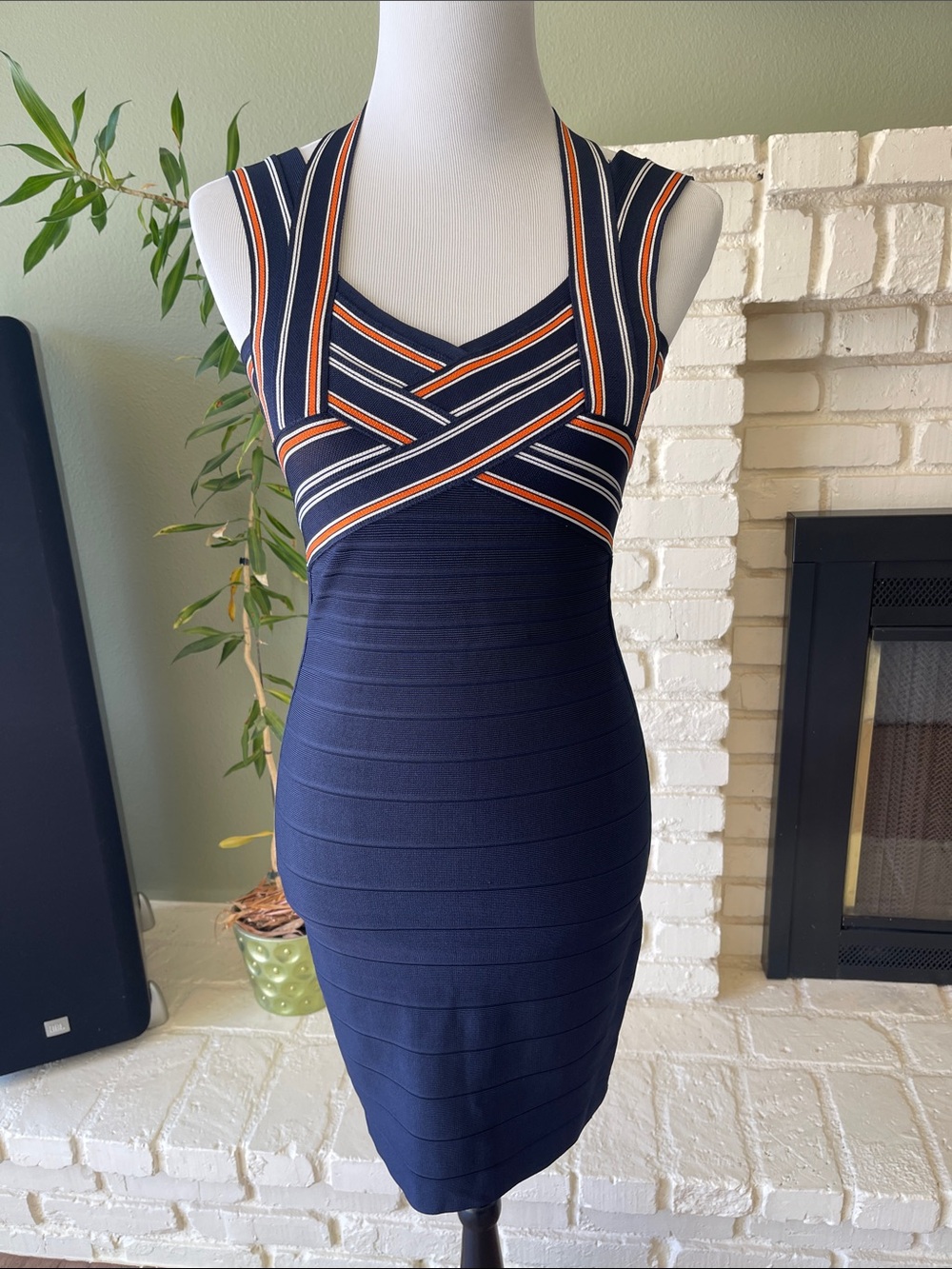 GUESS Y2K Navy Bandage Bodycon Midi Dress Striped Crisscross Neck Size S